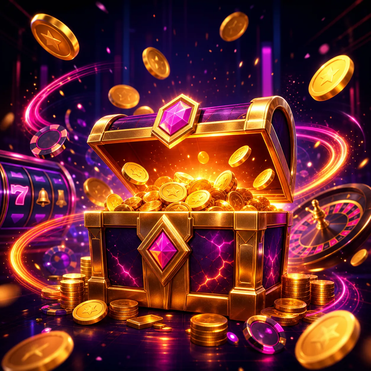 Jackpot Lounge bonus chest with gold coins and magenta casino lighting