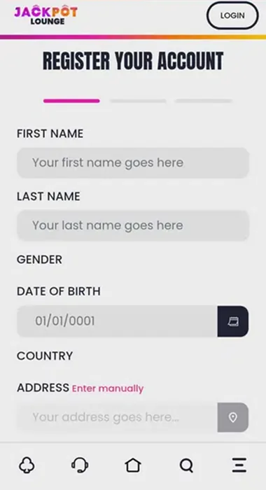 Jackpot Lounge registration form on a mobile screen