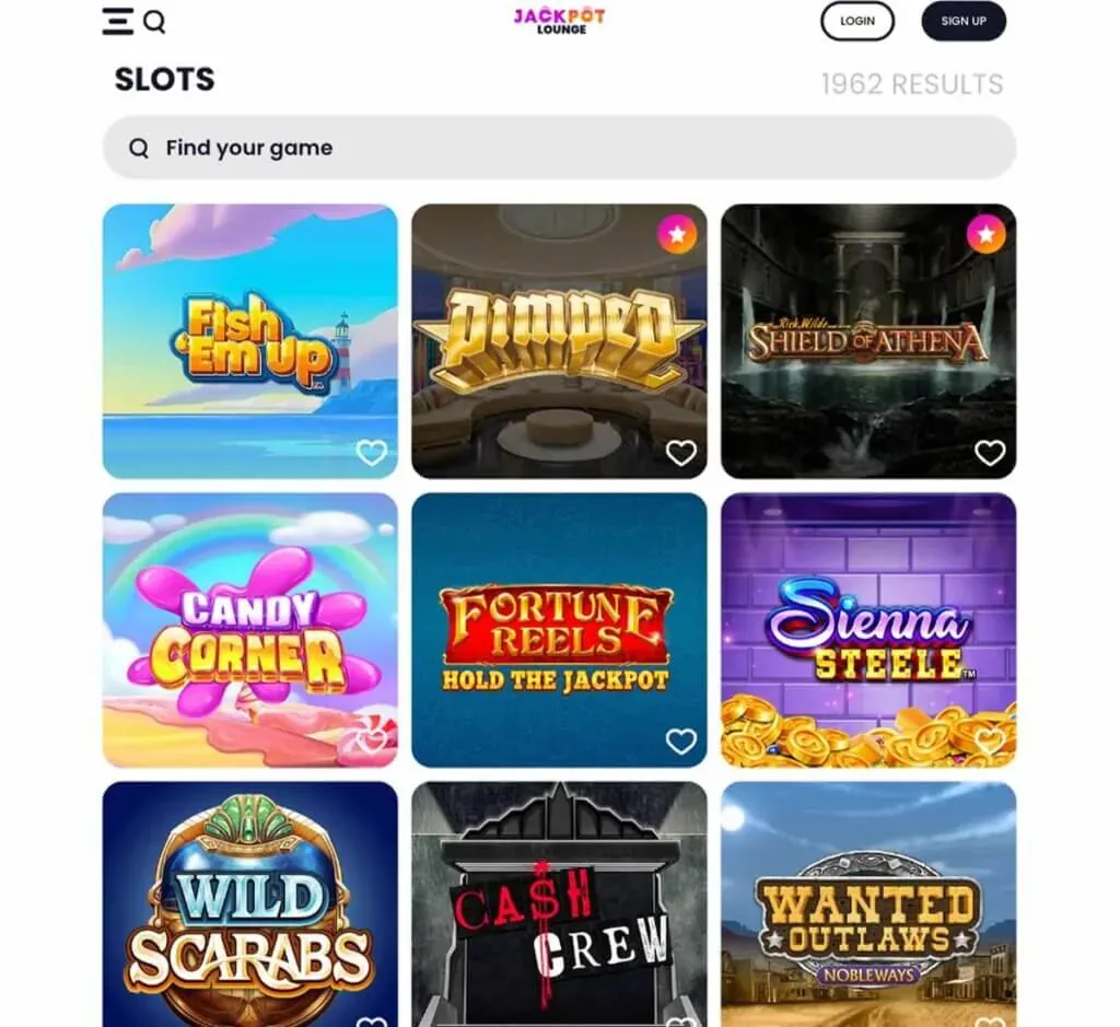 Jackpot Lounge slots lobby showing game tiles and search controls