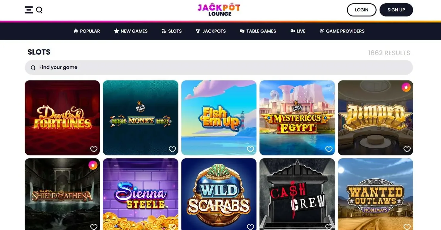 Jackpot Lounge casino game lobby with promotional game tiles