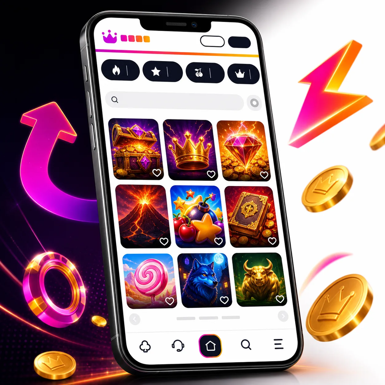 Jackpot Lounge mobile casino promotion with phone, slot symbols, and gold coins