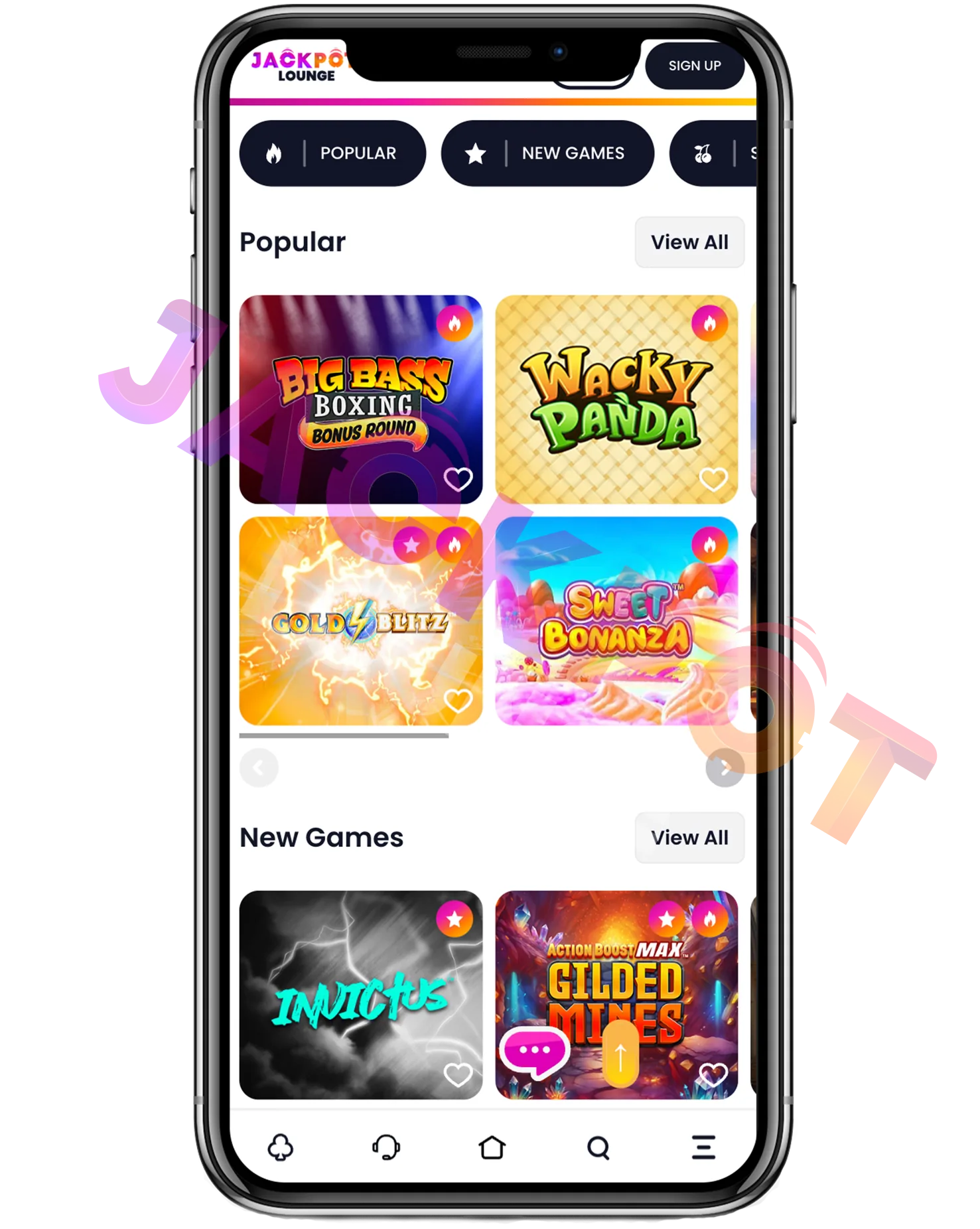 Jackpot Lounge mobile casino lobby displayed on a smartphone