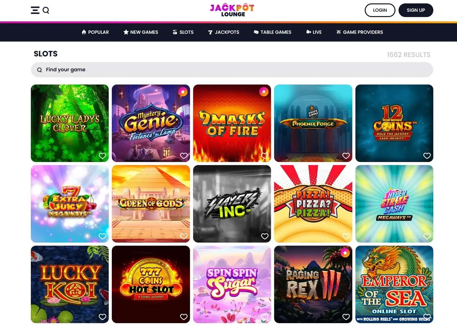 Jackpot Lounge mobile slots lobby with casino game tiles